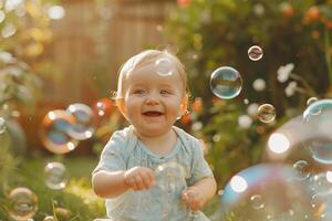 Baby Playing with Bubbles in Garden Fun and Joyful Atmosphere photo