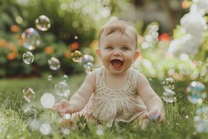 Baby Playing with Bubbles in Garden   and Cheerful photo