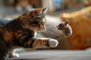 Calico Cat Batting at Dangling Toy Mouse Engaging Play photo