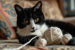 Tuxedo Cat Playing with Ball of Yarn Unraveling with Curiosity photo