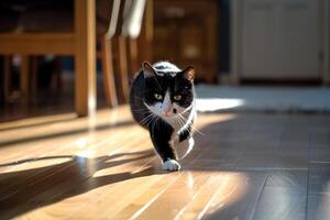 Tuxedo Cat Chasing Laser Dot Interactive Play on Hardwood photo