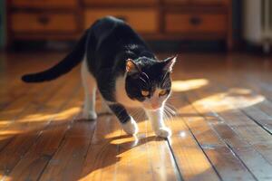 Tuxedo Cat Playing with Ball of Yarn Joyful and Curious photo