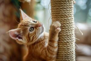 Tabby Kitten Climbing Scratching Post with Enthusiasm photo