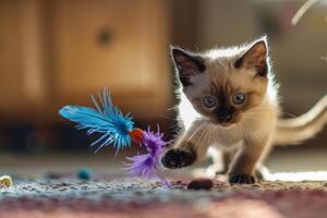 Siamese Kitten Pouncing on Feather Toy Energetic Playful Behavior photo
