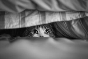 Gray and White Cat Peeking from Under Bed Mischievous and Cute photo