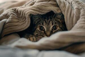 Gray Tabby Cat Peeking Out from Blanket Curious and Engaging photo