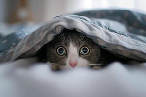 Gray and White Cat Peeking Playfully from Under Bed with Mischievous Expression photo