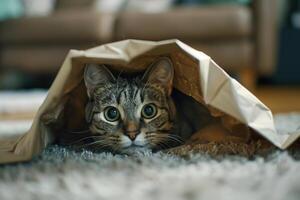Gray Tabby Cat s Fun Expression as It Peeks from Inside a Paper Bag with Curiosity photo