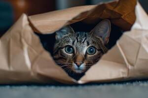 Tabby Cat Peeking from Inside Paper Bag with a Fun and Curious Expression photo