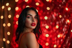 Exquisite Glamorous Portrait Set Against a Red Carpet Capturing Luxury photo