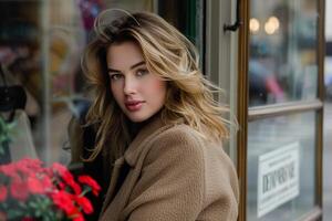 Trendy Portrait Featuring a Designer Storefront Showcasing   Fashion photo