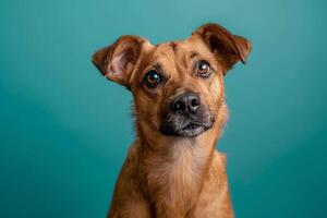 Joyful dog with a curious expression setstriking turquoise background photo