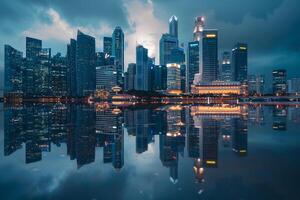 Urban Evening Skyline with Reflective Skyscrapers Illuminated in a City River photo