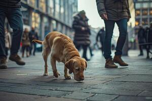 Dog exploring busy city square with pedestrians background photo