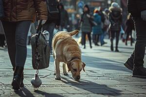 Dog sniffing around bustling city square with people background photo