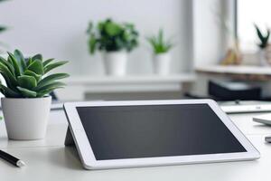Urban tablet mockup in a  and  office environment with dynamic background photo
