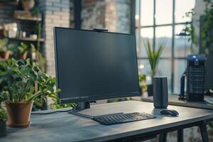 Urban desktop computer mockup featuring stylish background in a contemporary office photo