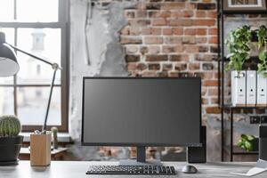 Urban desktop computer mockup with  office setup and digital design photo
