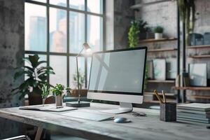 Urban desktop computer mockup with  design in a  office setup photo