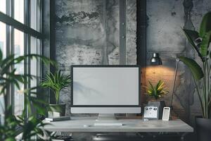 Urban desktop computer mockup with dynamic  office design and setup photo