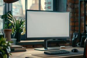 Urban desktop computer mockup featuring  office design with  background photo