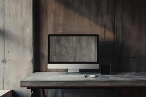 Urban desktop computer mockup with  office design and tech background photo
