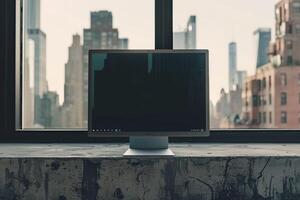 Urban desktop computer mockup with   office design and tech background photo