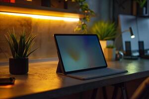 Urban tablet mockup with dynamic design in a  workspace photo