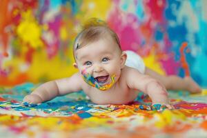 Baby painting with  splashes on canvas in a joyful and imaginative photo