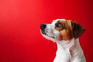 Relaxed Dog Sitting with  Red Background photo