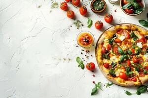 Pizza with Assorted Toppings Served on Table for Culinary Presentation photo