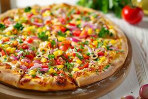 ed Pizza with Assorted Toppings on Table photo