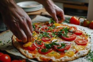 Vegetable Pizza on Tabletop Background photo