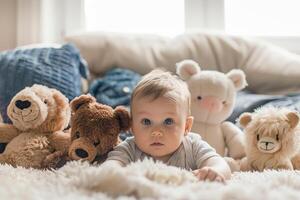 Baby with Vintage Stuffed Animals Background photo