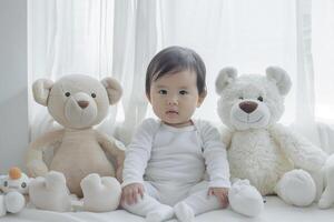 Baby with Vintage Stuffed Animals Background photo