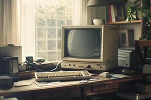 Retro Computer Mockup with CRT Monitor and Floppy Disks on a Wooden Desk photo