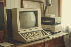 Retro Computer Mockup with CRT Monitor and Floppy Disks on a Wooden Desk photo