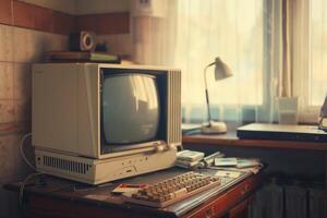 Retro Computer Mockup with CRT Monitor and Floppy Disks on a Wooden Desk photo