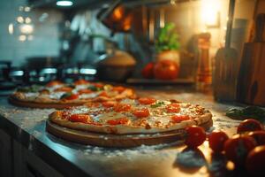 Classic Pizza with Vintage Toppings on a Retro Kitchen Counter Background photo
