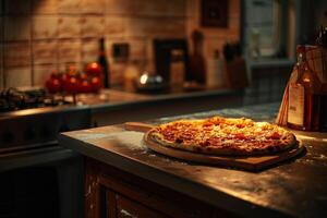 Vintage Toppings on Classic Pizza in Retro Kitchen Counter photo