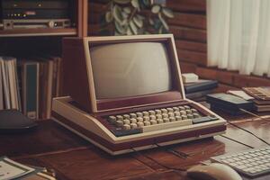Retro Style Desktop Computer Mockup with Classic Design and Tech Background photo