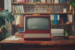 Classic Retro Style Desktop Computer Mockup with Tech Background photo