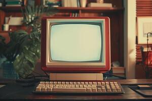 Retro Style Desktop Computer Mockup with Classic Design and Vintage Tech Background photo