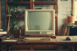 Retro Style Desktop Computer Mockup with Classic Vintage Tech Design photo