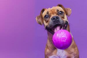 Cute Dog with Toy Against Violet  Background photo