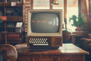 Vintage Desktop Computer Mockup with Retro Design and Tech Background photo
