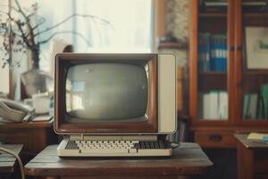 Retro Vintage Desktop Computer Mockup with Classic Tech Background photo