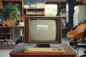 Classic Retro Desktop Computer Mockup with Vintage Tech Design and Background photo