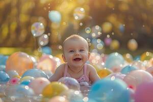Baby Surrounded by Floating Balloons in a Park with a Joyful Atmosphere photo