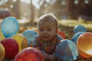 Baby Surrounded by  Balloons in a Park Creating a Fun and Happy photo